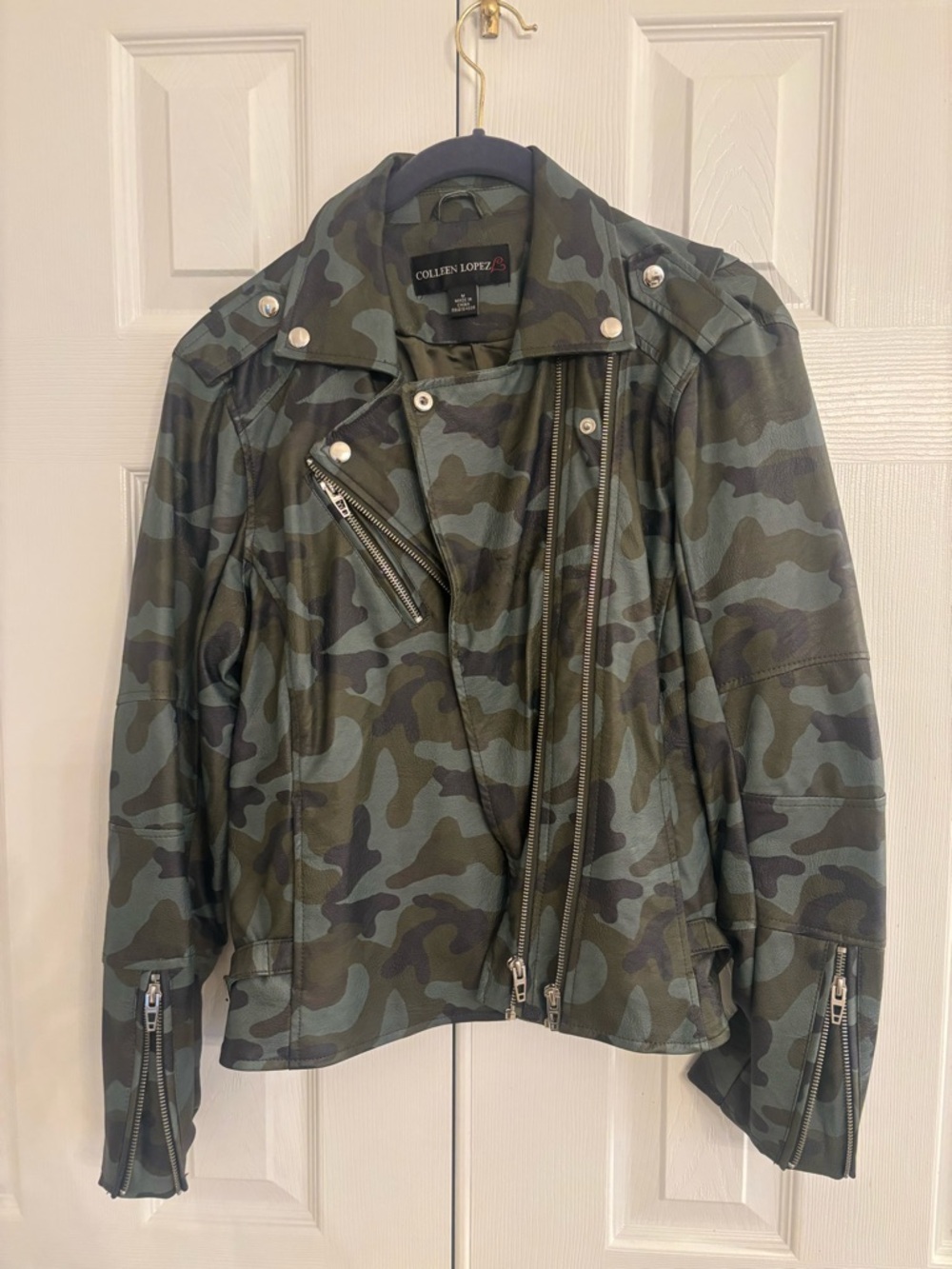 Colleen Lopez Green Camouflage Biker Jacket